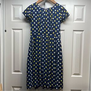Talbots Women’s Sz 6 Dress Navy Blue Yello & White Polka Dots Fit & Flare Lined